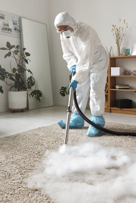 A professional cleaner wearing a full white protective suit, face mask, glasses, and blue gloves is performing surface steam cleaning on a beige, textured carpet in a modern, well-lit living room. The room has a white wall with minimalistic decor, including a tall mirror, potted plants, and a wooden shelf with books and decorative items. Steam from the cleaning process creates a cloud around the nozzle of the cleaning machine, highlighting a thorough deep clean aimed at maintaining hygiene and carpet freshness. This image exemplifies domestic cleaning and surface sanitisation, as provided by Cleaners Pimlico, ensuring carpets are spotless and hygienic.